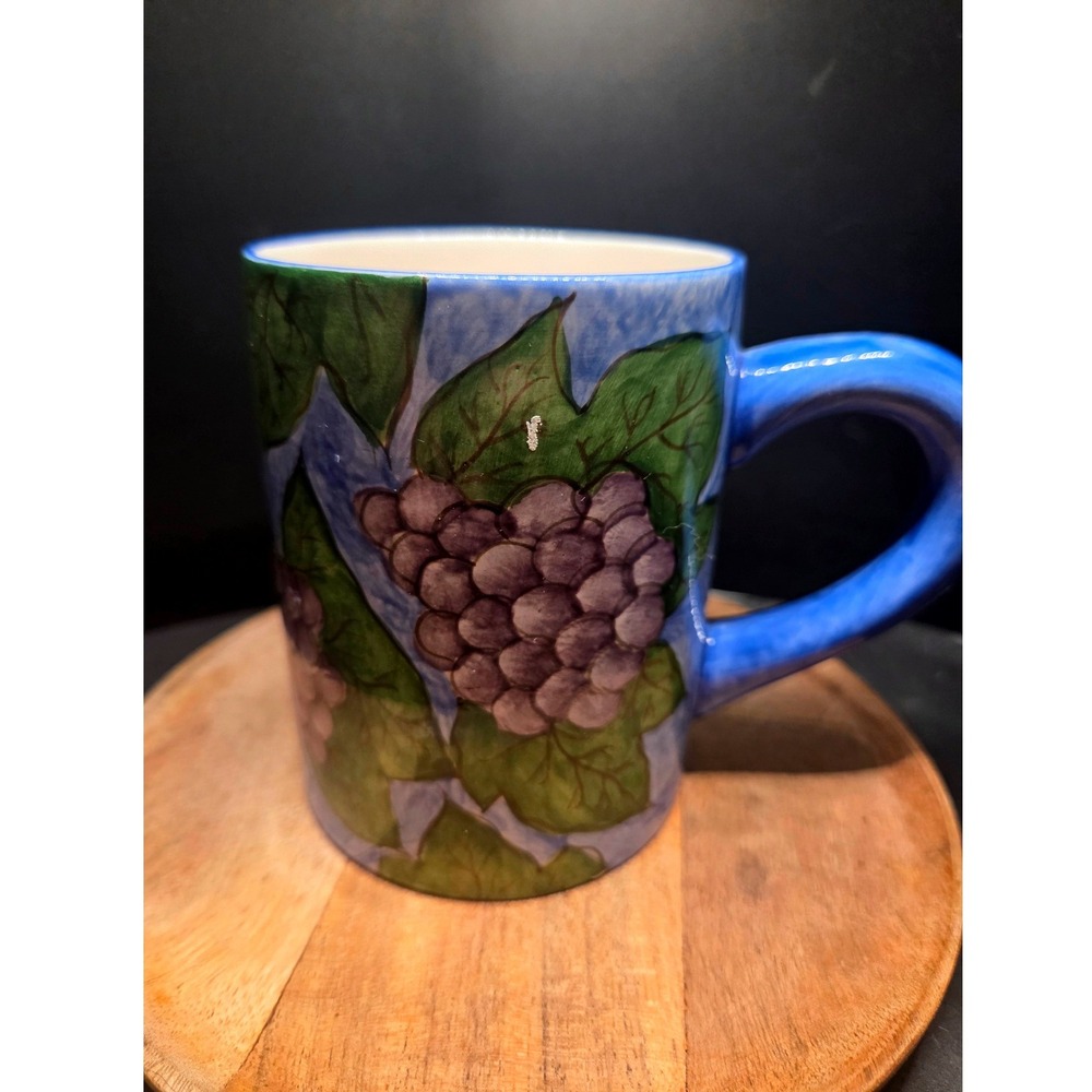 Pier 1 Grapes Mug Vintage Fruit Harvest Hand Painted Philippines Blue Purple